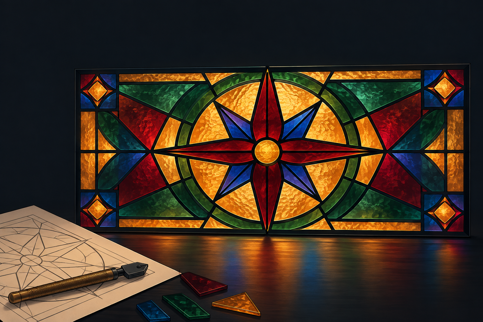 Jewel-toned stained glass panel glowing with light against a dark background