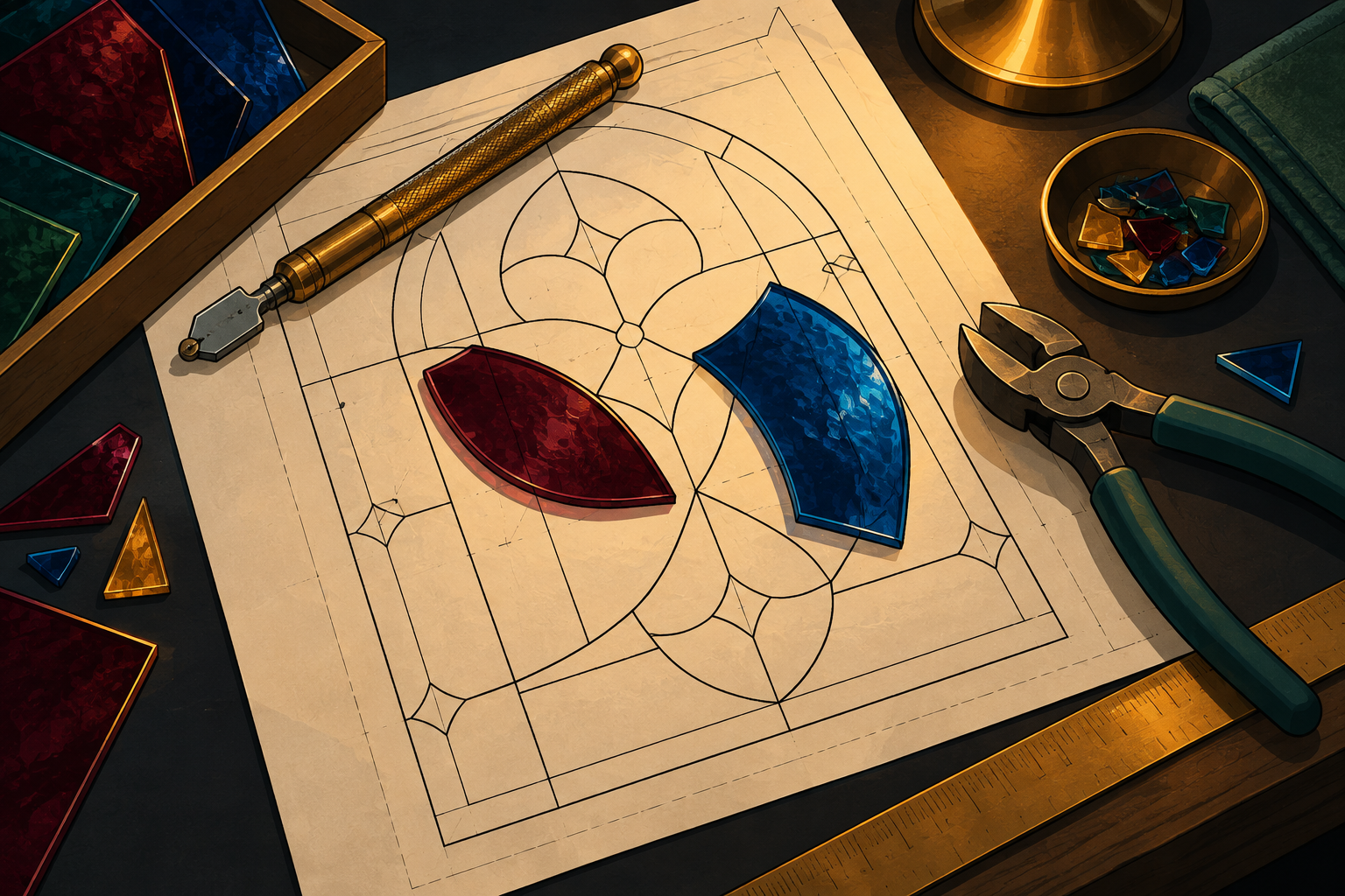 Hands scoring and breaking a sheet of colored glass along a cut line