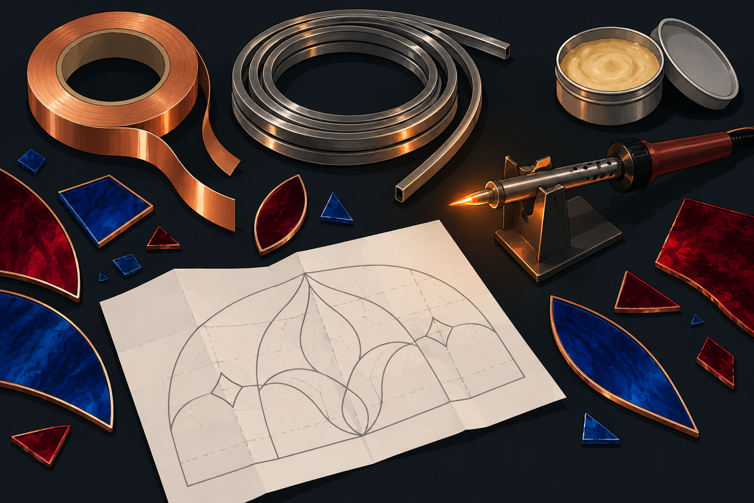 Stained glass tools and supplies laid out on a workbench